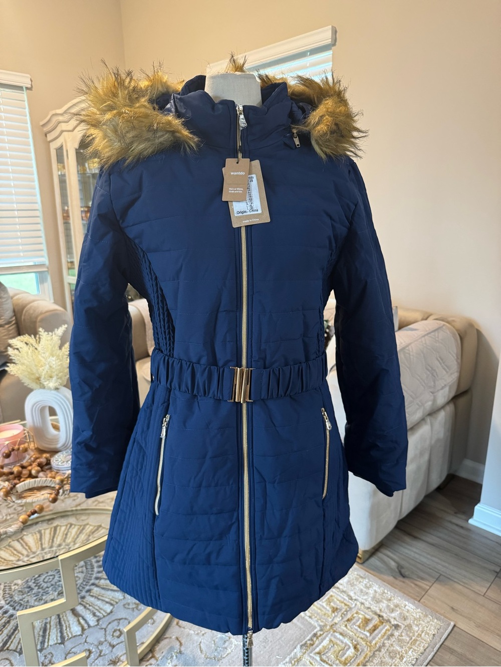 Wantdo Women's Blue Hooded Faux Fur Trim Belted Puffer Coat Full Zip Pockets L